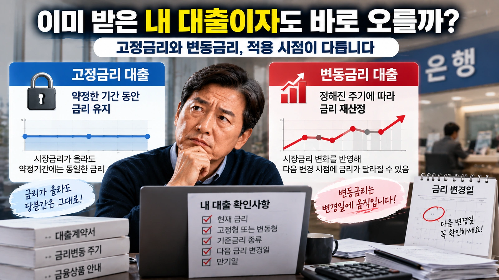 고정형과 변동형 대출에서 시장금리 변화가 실제 대출이자에 반영되는 시점을 설명한 그림
