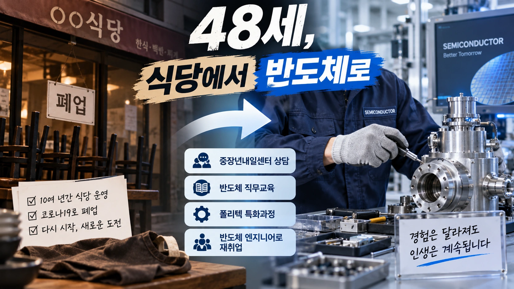 최명철 씨가 식당 폐업 후 상담과 반도체 교육을 거쳐 재취업한 과정을 정리한 타임라인