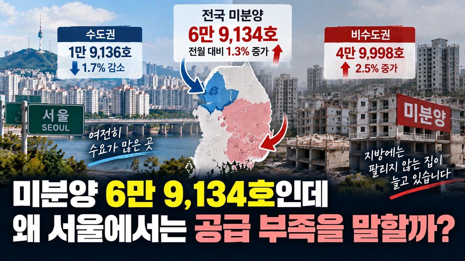 전국 미분양 주택 가운데 수도권과 비수도권 물량 차이를 비교한 인포그래픽