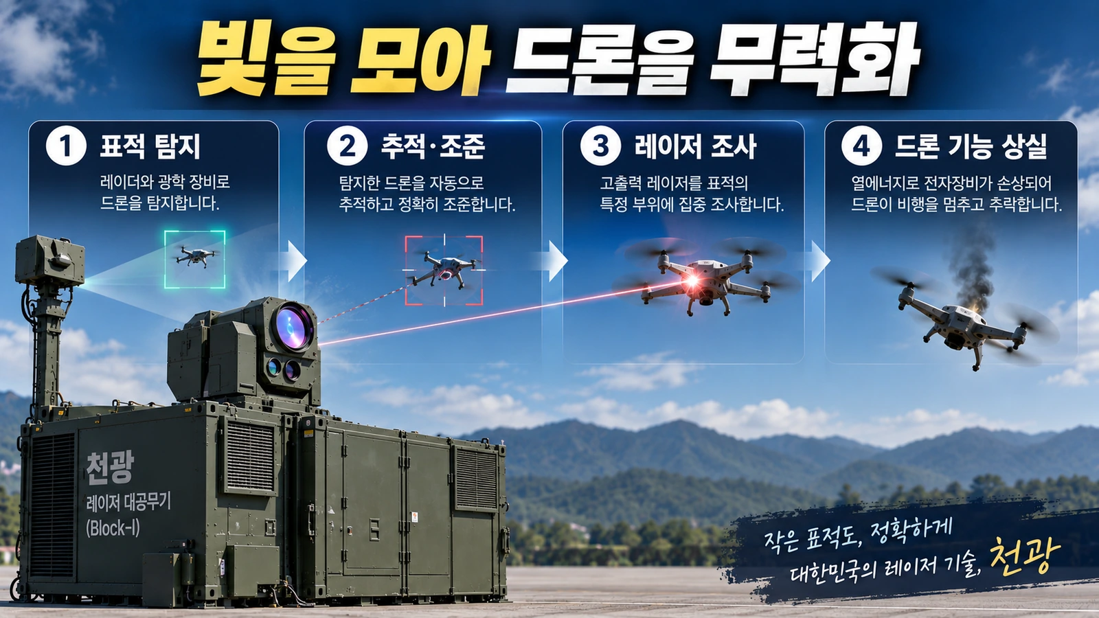 천광 레이저 대공무기가 드론을 탐지하고 레이저를 집중해 무력화하는 원리를 설명한 그림
