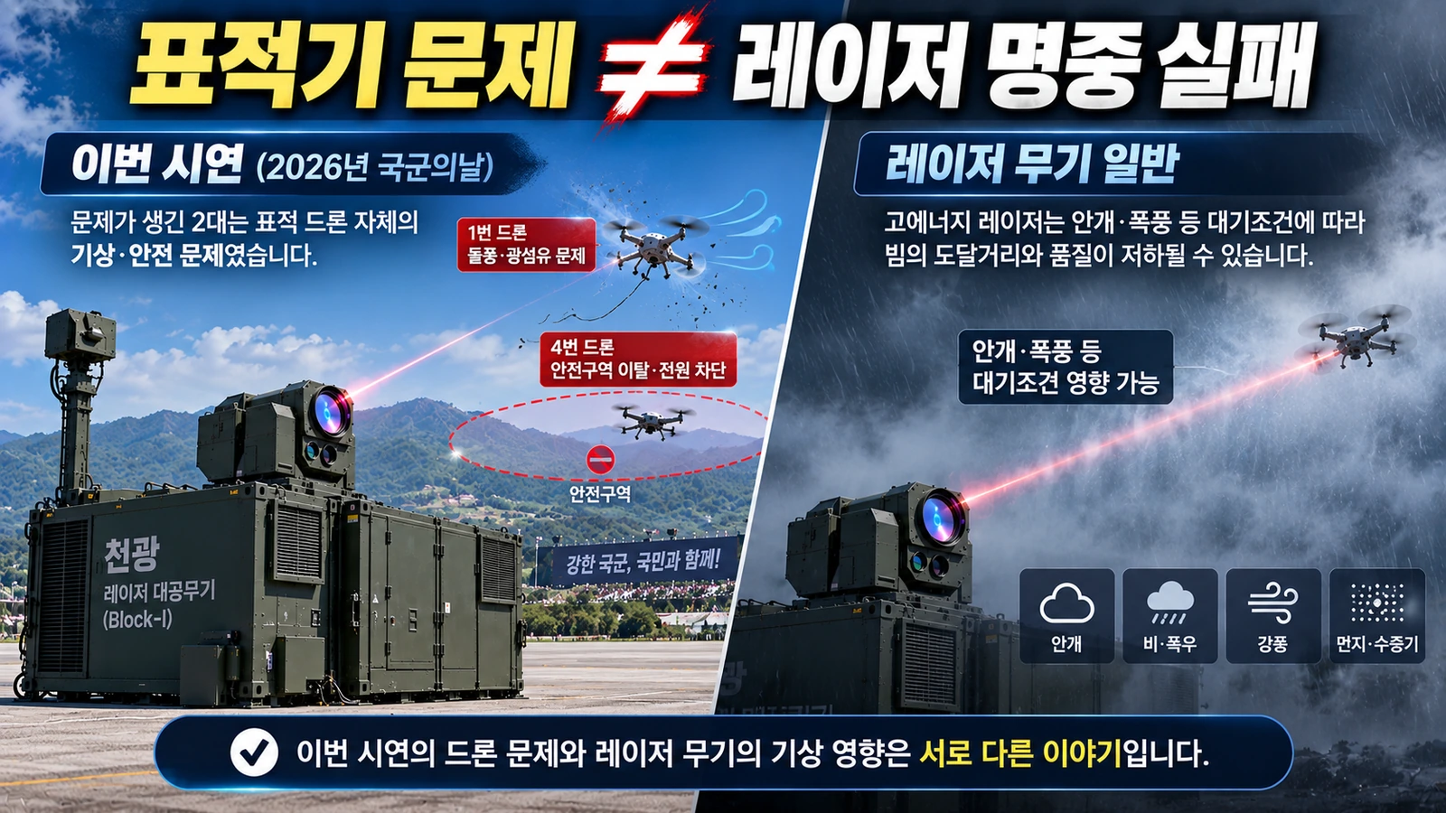 국군의날 표적 드론의 기상 문제와 레이저 무기의 일반적인 기상 한계를 구분해 설명한 그림