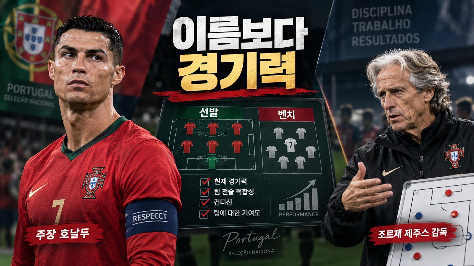 크리스티아누 호날두와 포르투갈 조르제 제주스 감독의 대표팀 선발 원칙 갈등을 설명한 일러스트