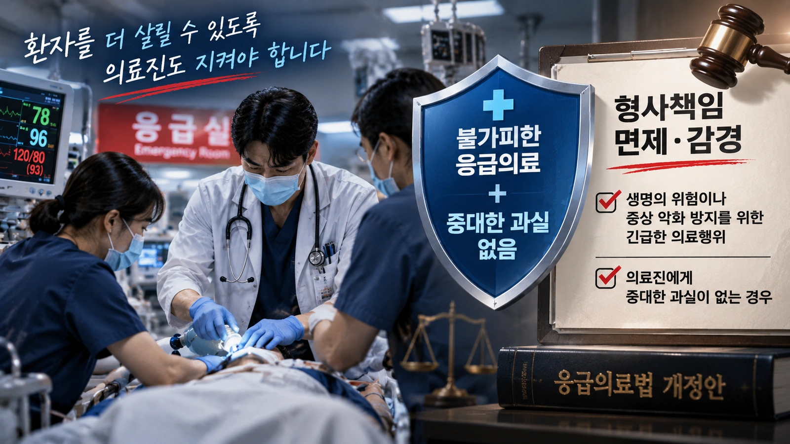 중증응급환자를 수용하는 의료진과 형사책임 완화 조건을 설명한 일러스트