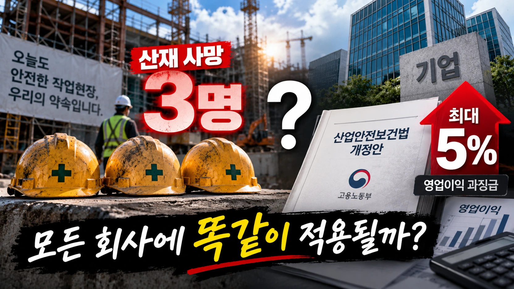 산재 사망 과징금이 적용되기 위한 안전보건조치 위반과 1년간 3명 사망 조건을 설명한 흐름도