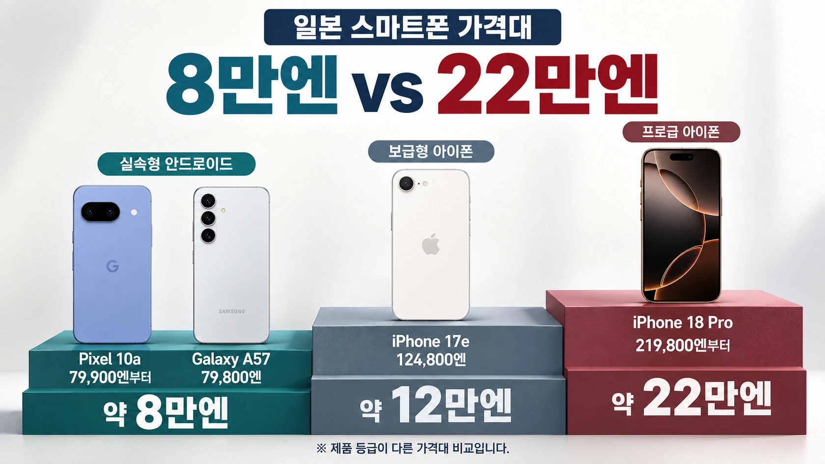 일본에서 아이폰과 주요 안드로이드 스마트폰의 가격대를 비교한 인포그래픽