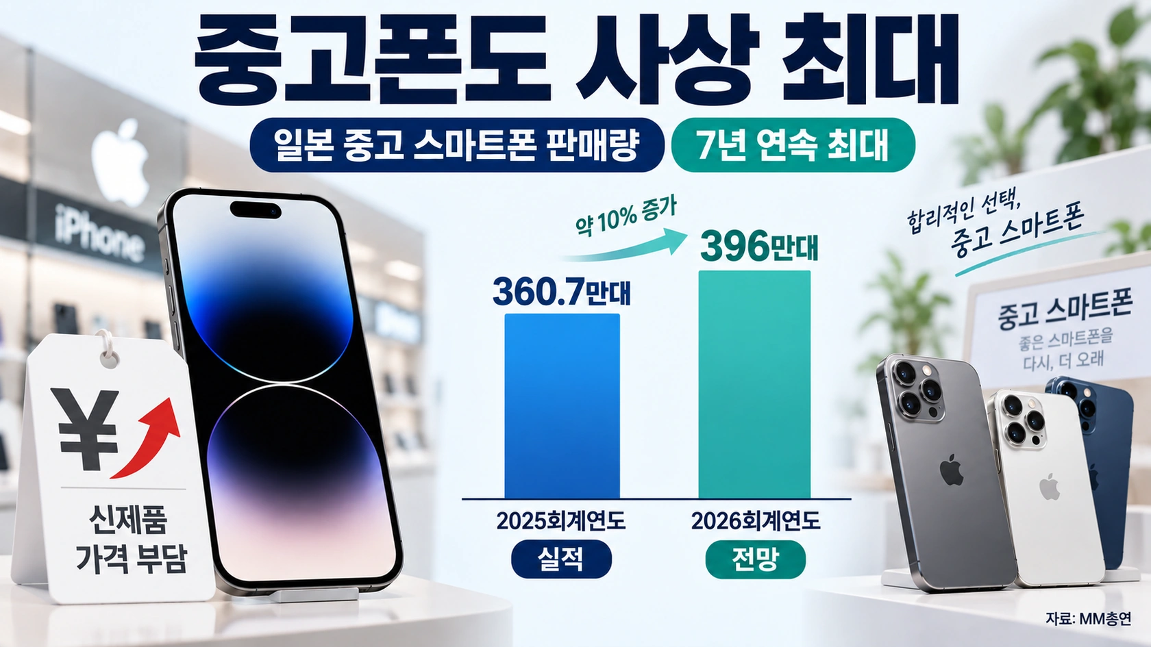 일본에서 새 스마트폰 가격 상승과 함께 중고 스마트폰 판매가 늘어나는 흐름을 보여주는 인포그래픽