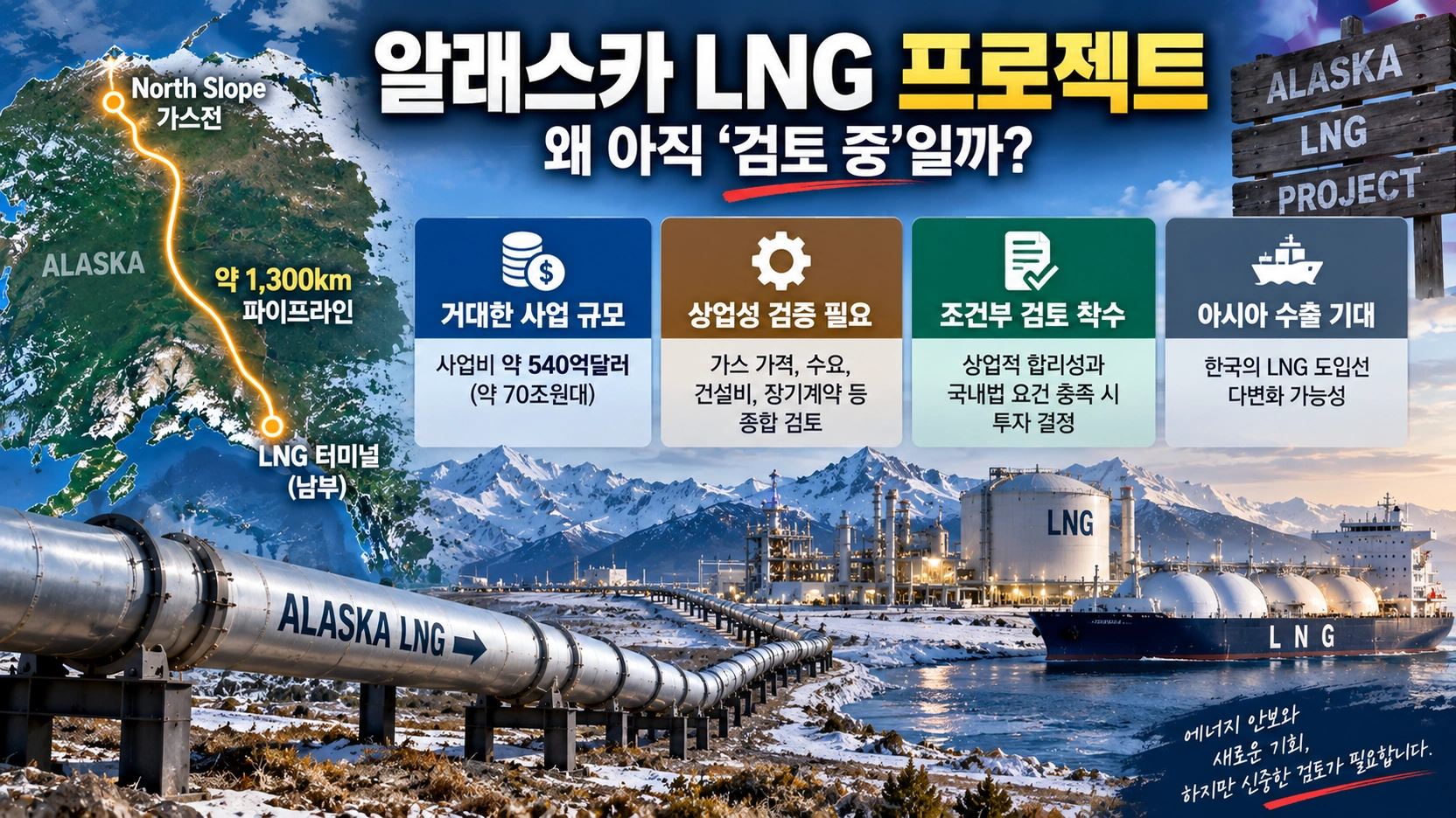 알래스카 북부 천연가스를 남부 LNG 시설까지 보내는 약 1,300km 파이프라인 사업 구조를 보여주는 지도형 인포그래픽