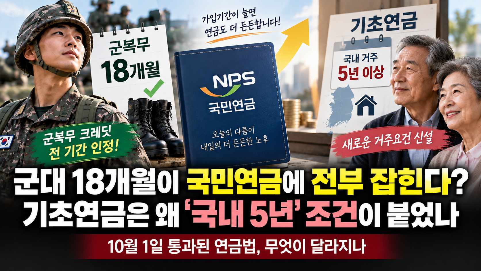 군복무 국민연금 크레딧 확대와 기초연금 5년 거주요건을 함께 보여주는 일러스트