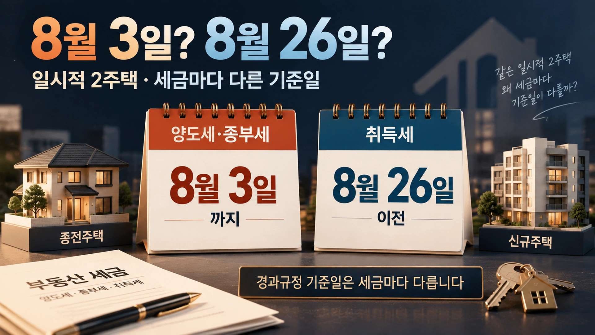 일시적 2주택의 양도세 종부세 8월 3일과 취득세 8월 26일 기준 차이를 보여주는 일러스트