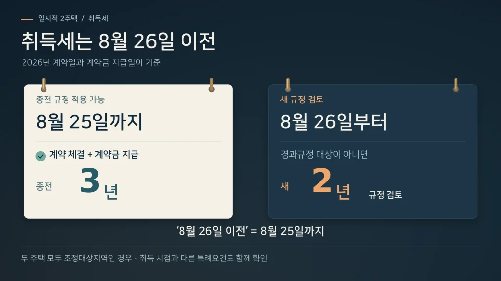 취득세 일시적 2주택 경과규정에서 2026년 8월 26일 이전 계약이 종전 3년 규정 대상이 되는 구조