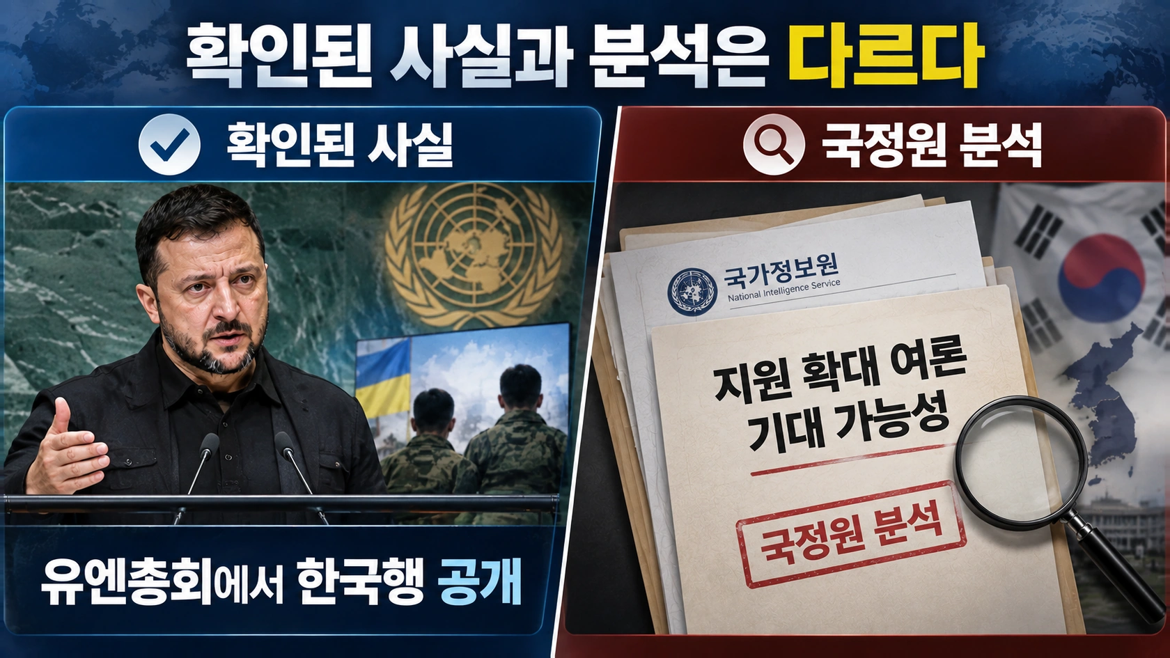젤렌스키의 북한군 포로 한국행 공개를 둘러싼 확인된 사실과 국정원의 분석을 구분한 인포그래픽