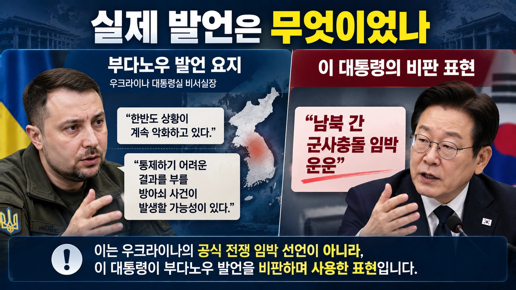 부다노우 우크라이나 대통령실 비서실장의 한반도 발언과 이재명 대통령의 비판을 구분해 설명한 이미지