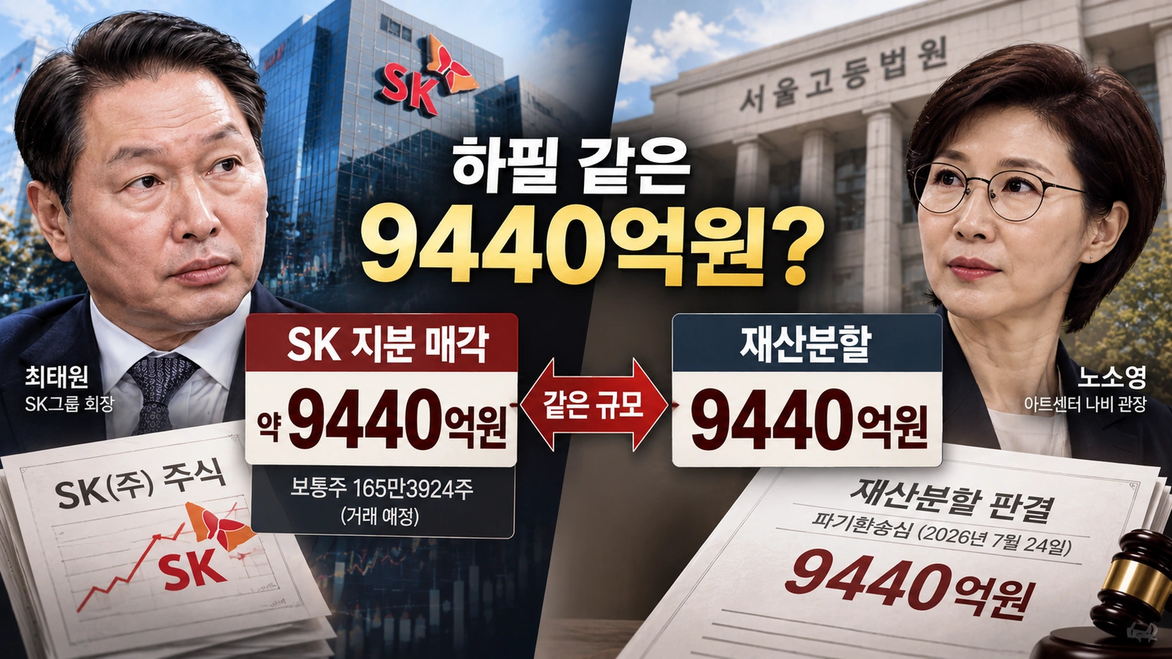 SK 주식 매각 예정액 약 9440억원과 노소영 관장 재산분할 판결액 9440억원을 비교한 그림
