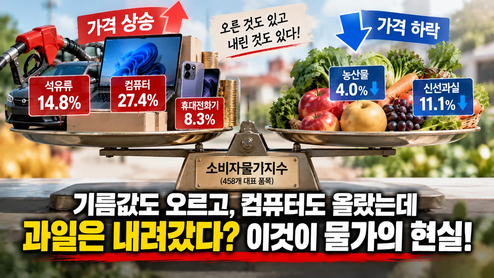 석유류와 컴퓨터 가격 상승을 농산물과 신선과실 가격 하락이 일부 상쇄하는 모습을 보여주는 그림