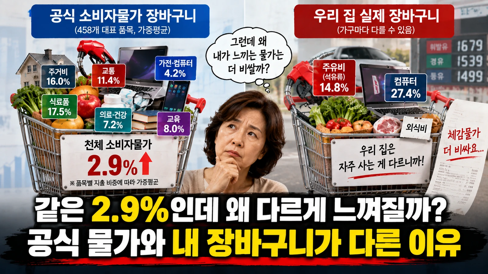 공식 소비자물가 장바구니와 자동차 이용 가구·외식이 많은 가구의 실제 장바구니 차이를 보여주는 그림