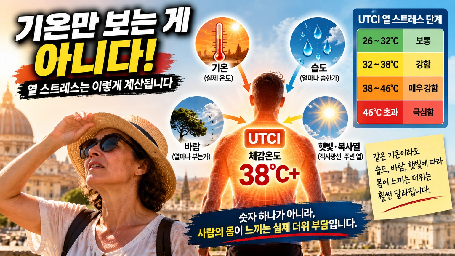 기온과 습도, 바람, 햇빛을 함께 계산하는 UTCI 열 스트레스 지표를 설명한 인포그래픽