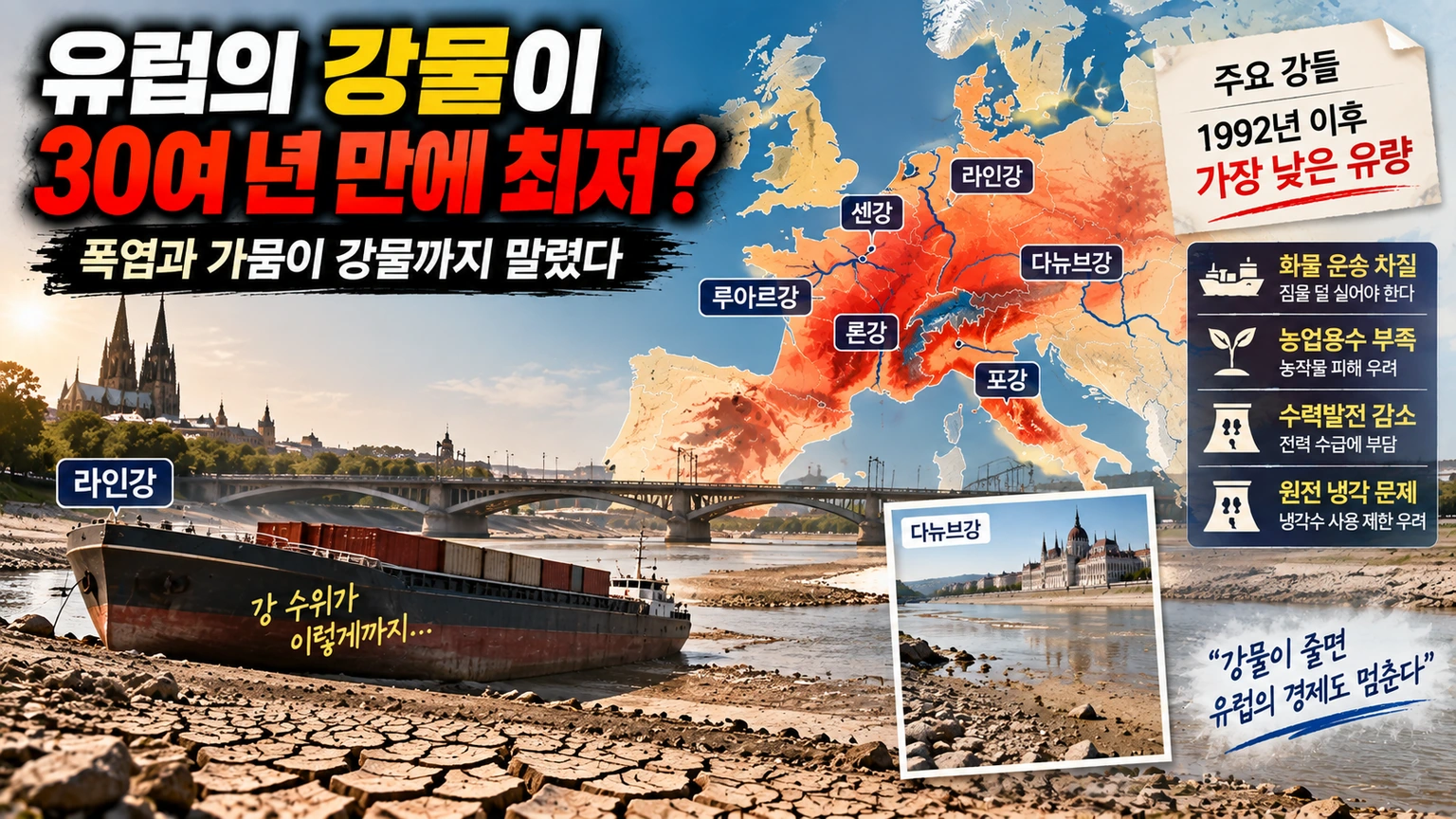 라인강과 다뉴브강 등 유럽 주요 강에서 2026년 여름 기록적으로 낮은 유량이 나타난 모습을 설명한 지도