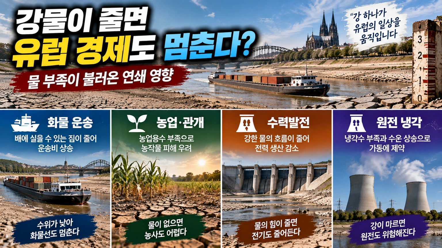 유럽 강 수위 하락이 화물 운송과 관개, 수력발전, 원전 냉각에 영향을 주는 구조를 설명한 흐름도