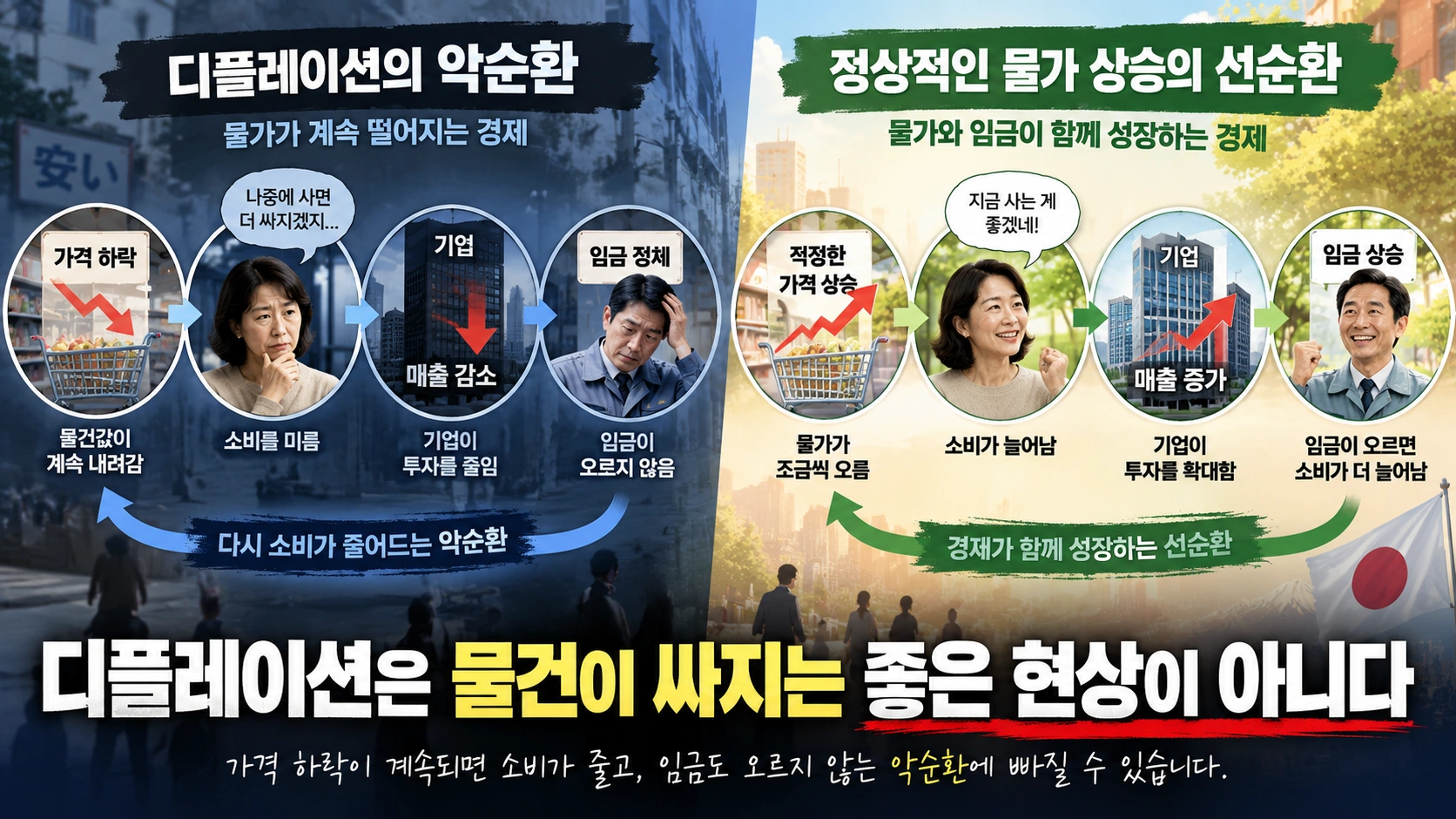 디플레이션과 정상적인 물가 상승의 차이를 일본 경제 상황과 함께 설명한 인포그래픽