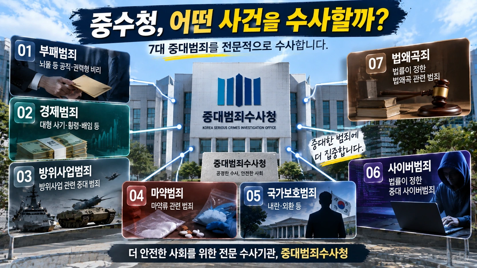 중대범죄수사청이 담당하는 부패·경제·방위사업·마약·국가보호·사이버·법왜곡 범죄를 설명한 인포그래픽