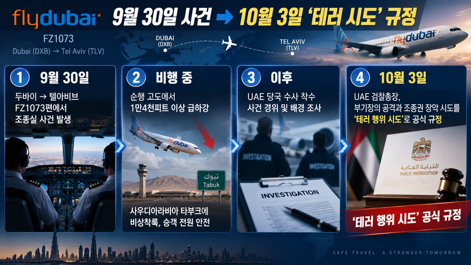 플라이두바이 FZ1073 사건 발생부터 UAE의 테러 시도 공식 규정까지 정리한 타임라인