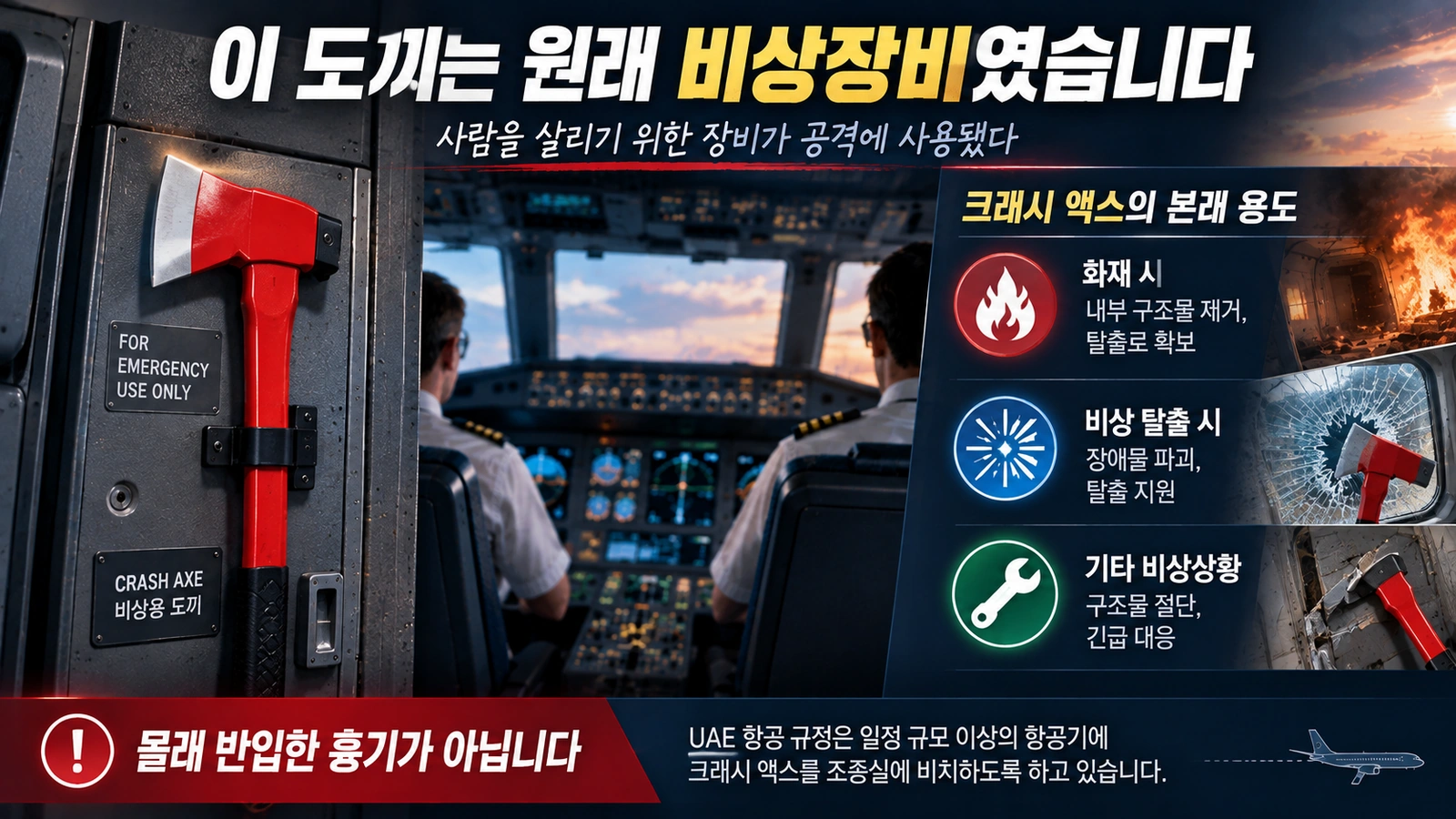 여객기 조종실에 비치되는 크래시 액스와 본래 비상용 목적을 설명한 인포그래픽