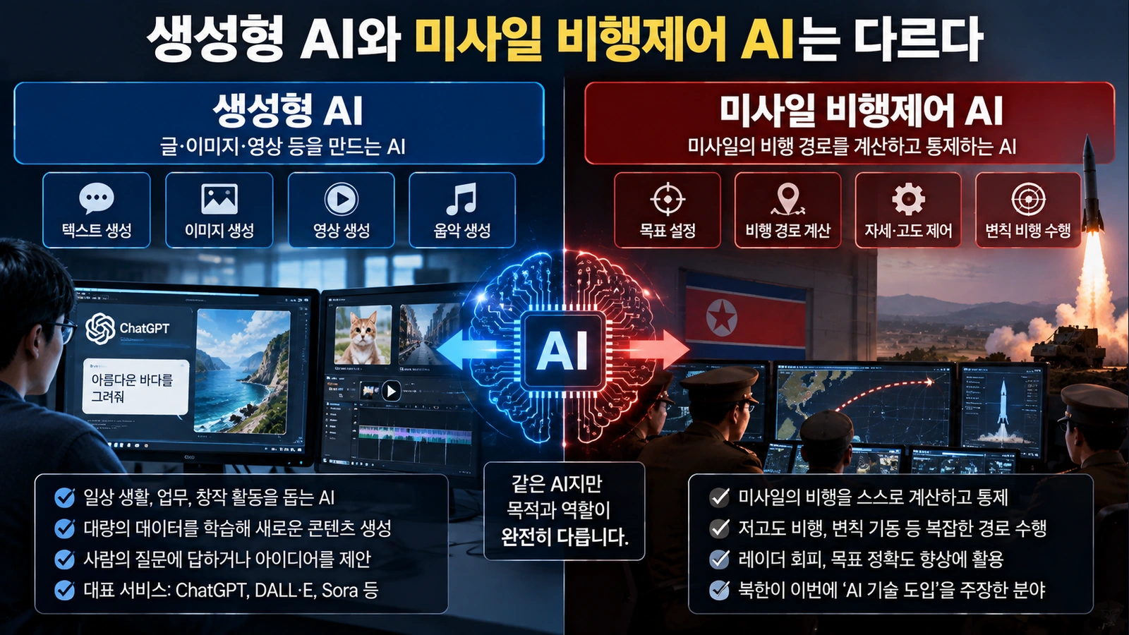 생성형 AI와 북한이 주장한 미사일 비행제어 AI의 차이를 설명한 인포그래픽