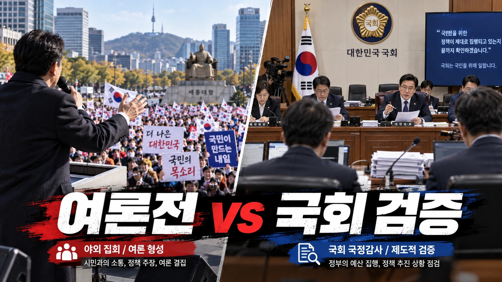 장외집회와 국회 안 원내투쟁의 역할 차이를 비교한 인포그래픽