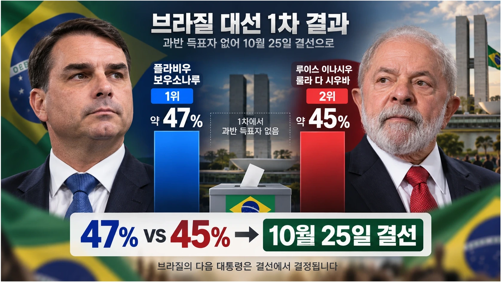 브라질 대선 1차 투표의 플라비우 보우소나루와 룰라 득표율 및 결선 일정을 보여주는 인포그래픽