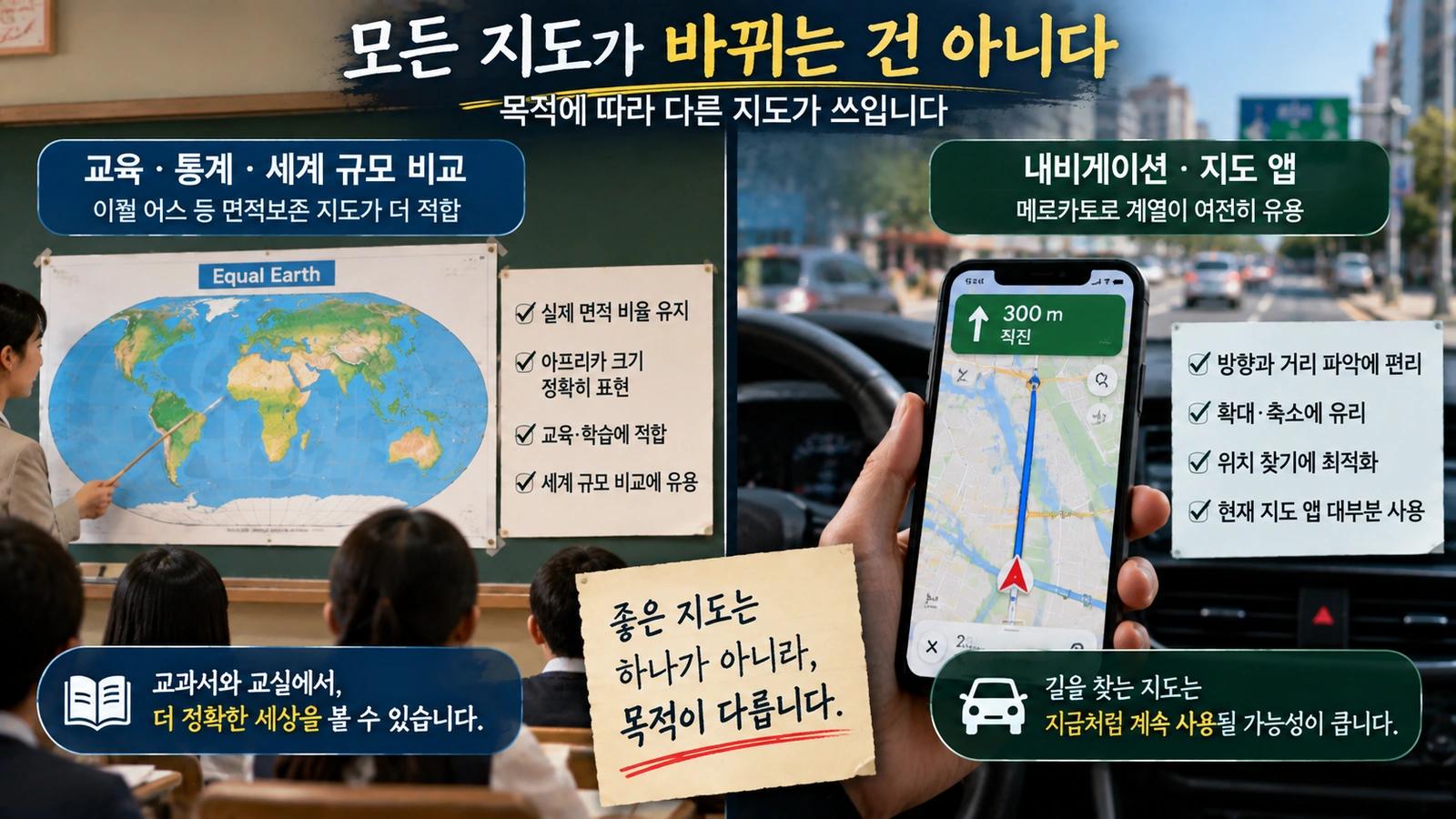 UN 결의 이후 학교 교육용 지도와 내비게이션 지도에서 적용 방식이 달라질 수 있음을 설명한 인포그래픽