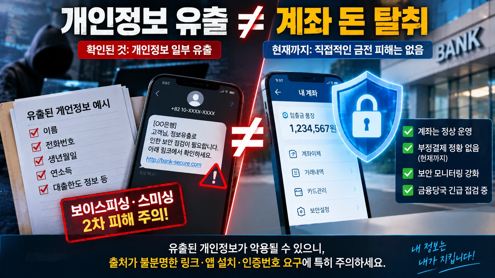 금융권 해킹에서 확인된 개인정보 유출과 아직 확인되지 않은 계좌 금전 피해를 구분한 이미지