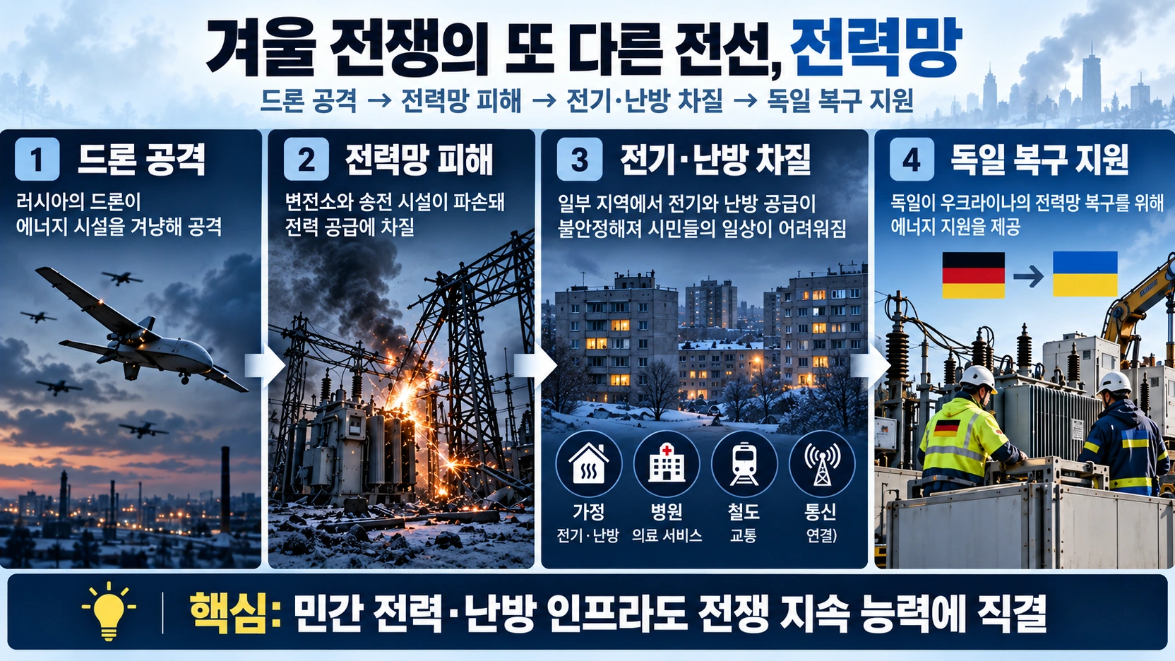 러시아의 드론 공격에서 우크라이나 전력망 피해와 겨울철 에너지 복구 지원으로 이어지는 흐름도