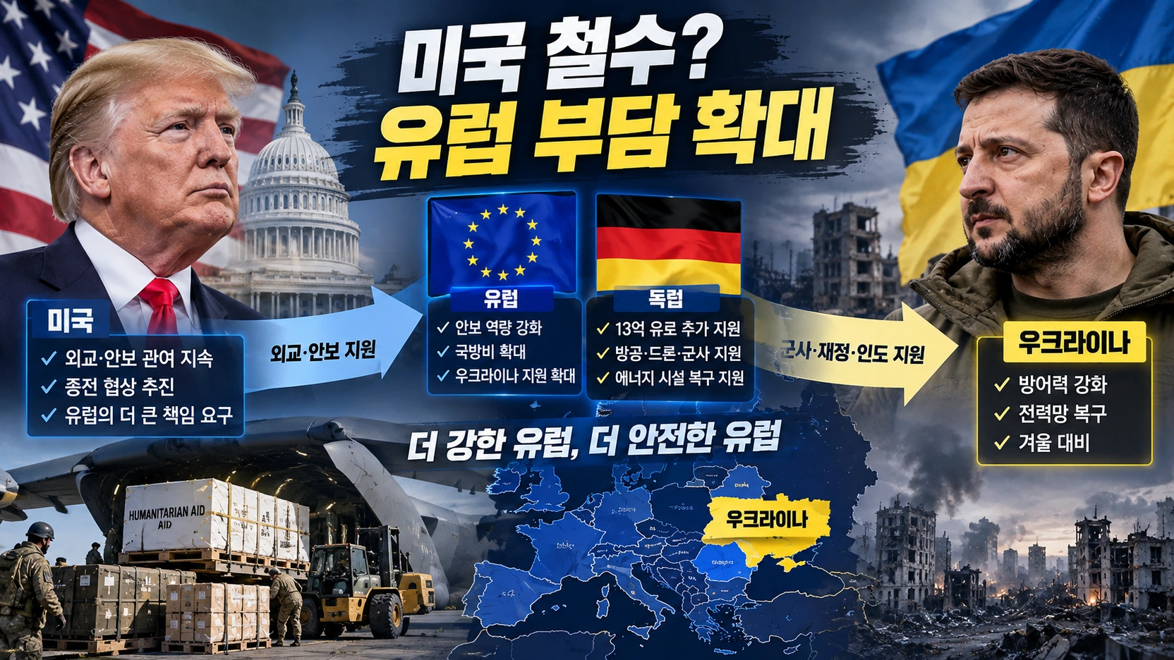 미국과 유럽의 우크라이나 지원 역할 변화와 독일의 부담 확대를 설명하는 관계도
