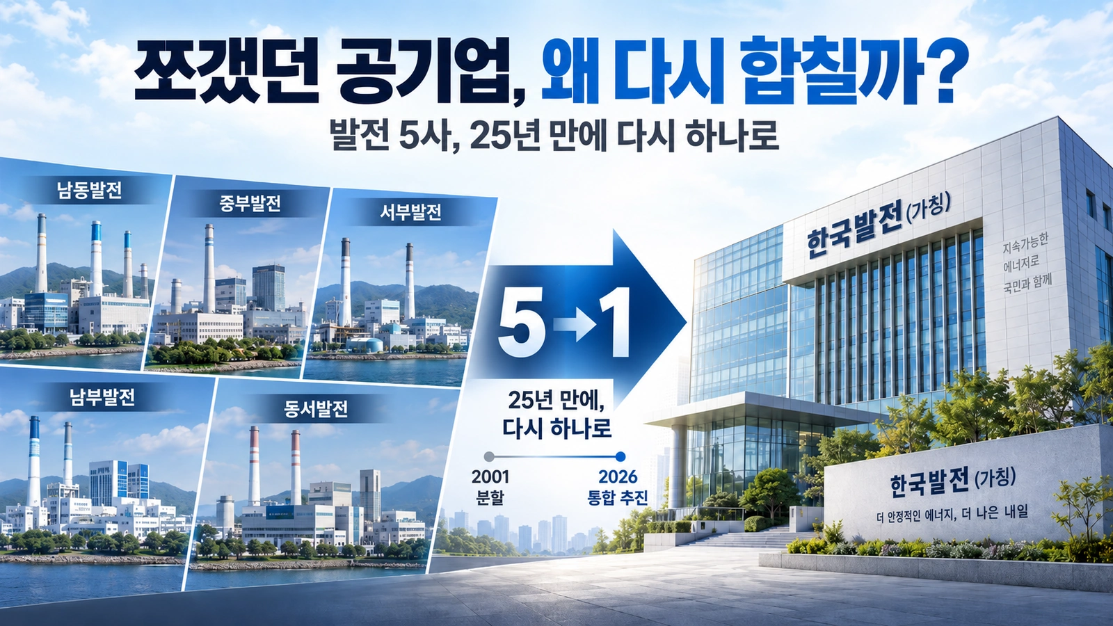여러 개로 나뉜 발전 공기업이 하나의 한국발전으로 다시 합쳐지는 공공기관 통폐합을 표현한 일러스트