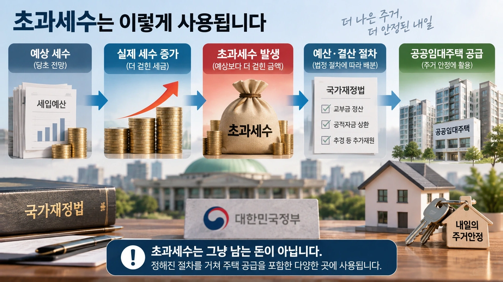 예상 세수보다 실제 세수가 많을 때 초과세수가 발생하고 재정 절차를 거쳐 주택사업에 쓰이는 구조