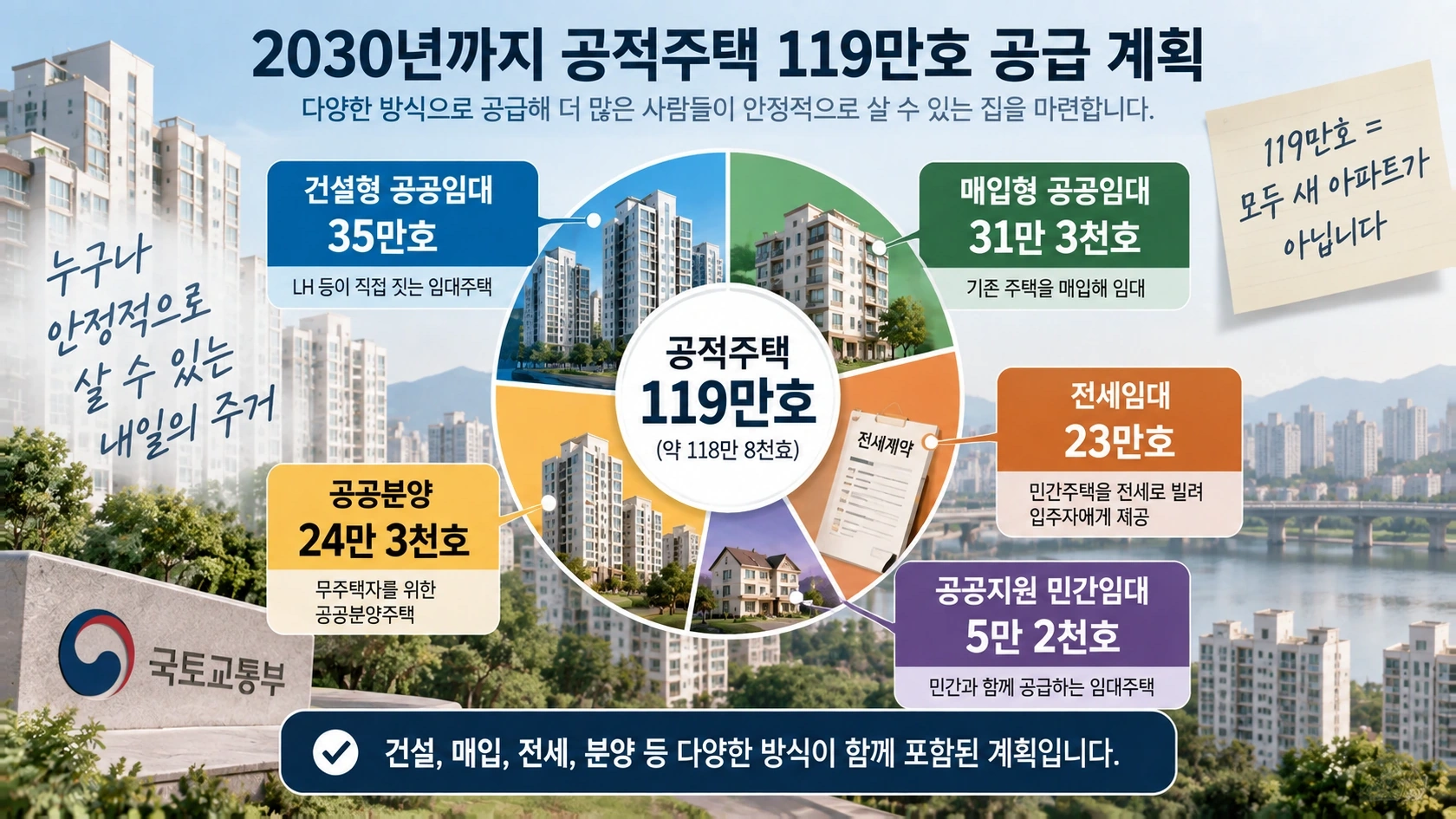 2030년까지 공급할 공적주택 119만호의 건설임대 매입임대 전세임대 공공분양 구성을 보여주는 인포그래픽