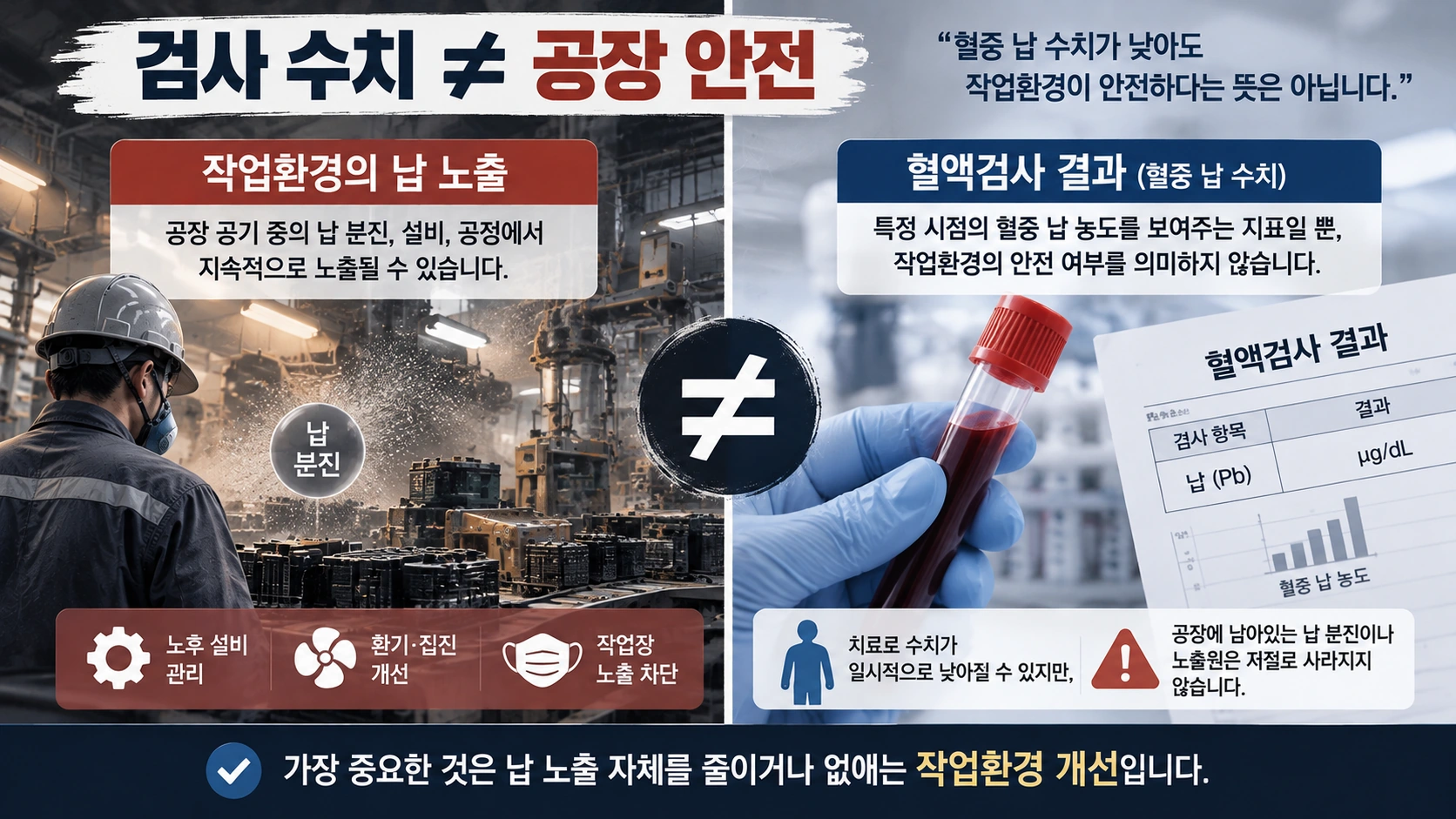 납이 발생하는 작업환경의 개선과 혈중 납 검사 수치의 변화가 다른 문제임을 비교한 그림