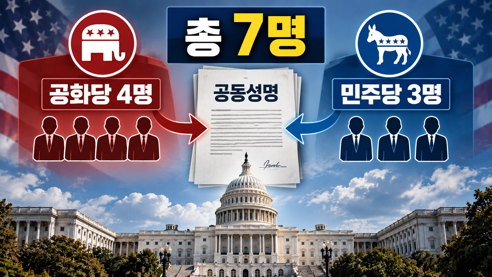 트럼프 대통령의 러시아산 경유 수입 허용에 공화당 4명과 민주당 3명의 상원의원이 공동 반대한 구도를 보여주는 그림