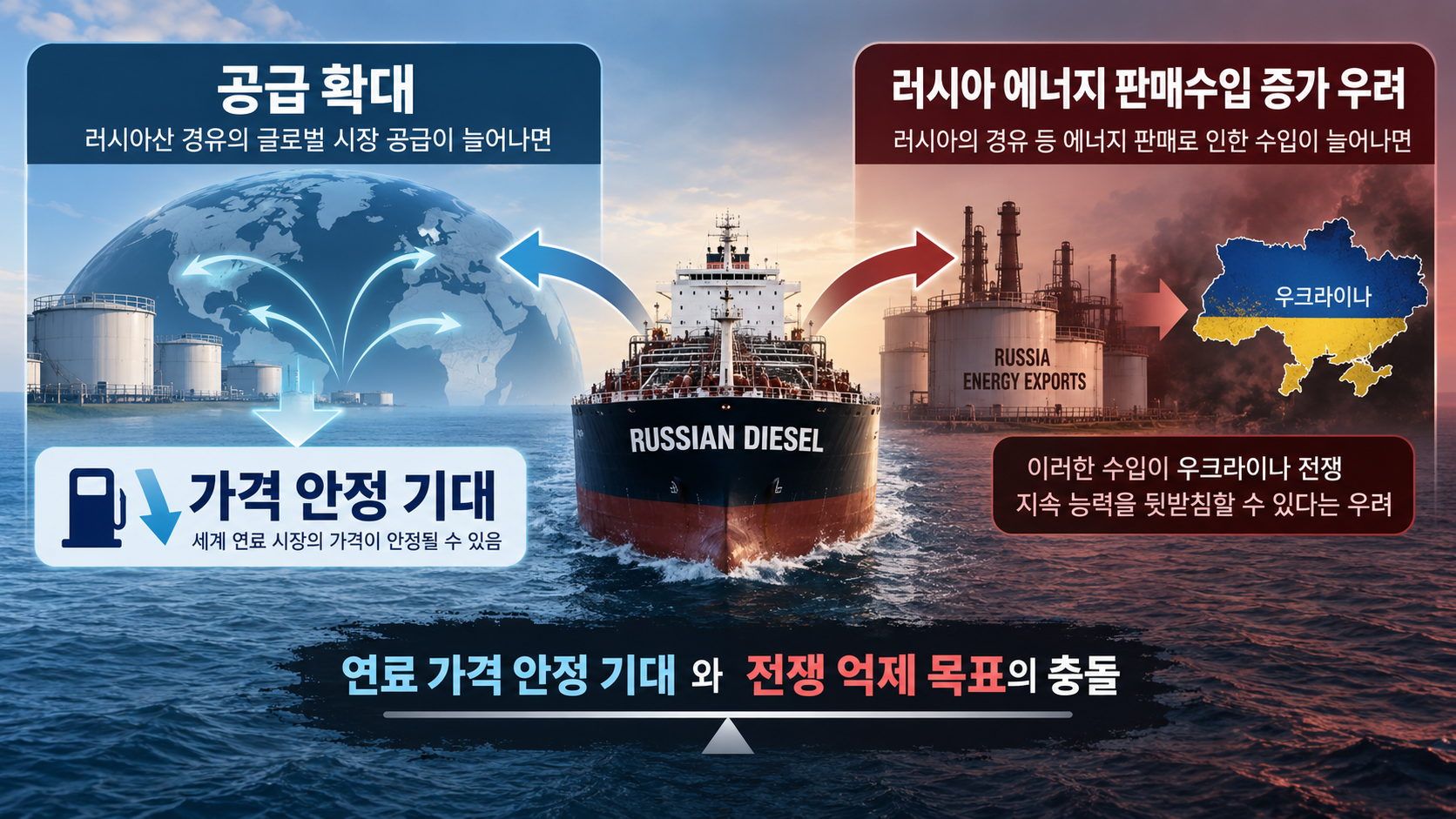 러시아산 경유 판매 확대가 세계 연료 공급과 러시아 에너지 수입 및 우크라이나 전쟁에 미칠 수 있는 영향을 설명하는 구조도