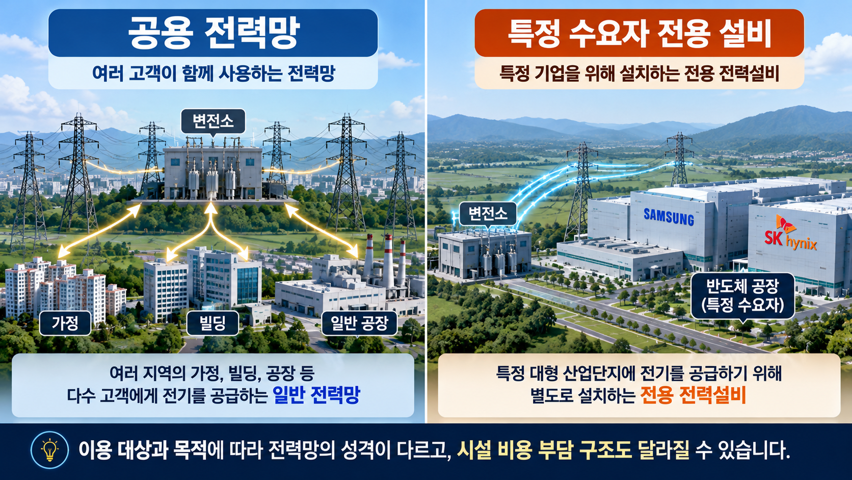 여러 고객이 함께 쓰는 공용 전력망과 특정 반도체 공장으로 연결되는 전용 전력설비의 차이
