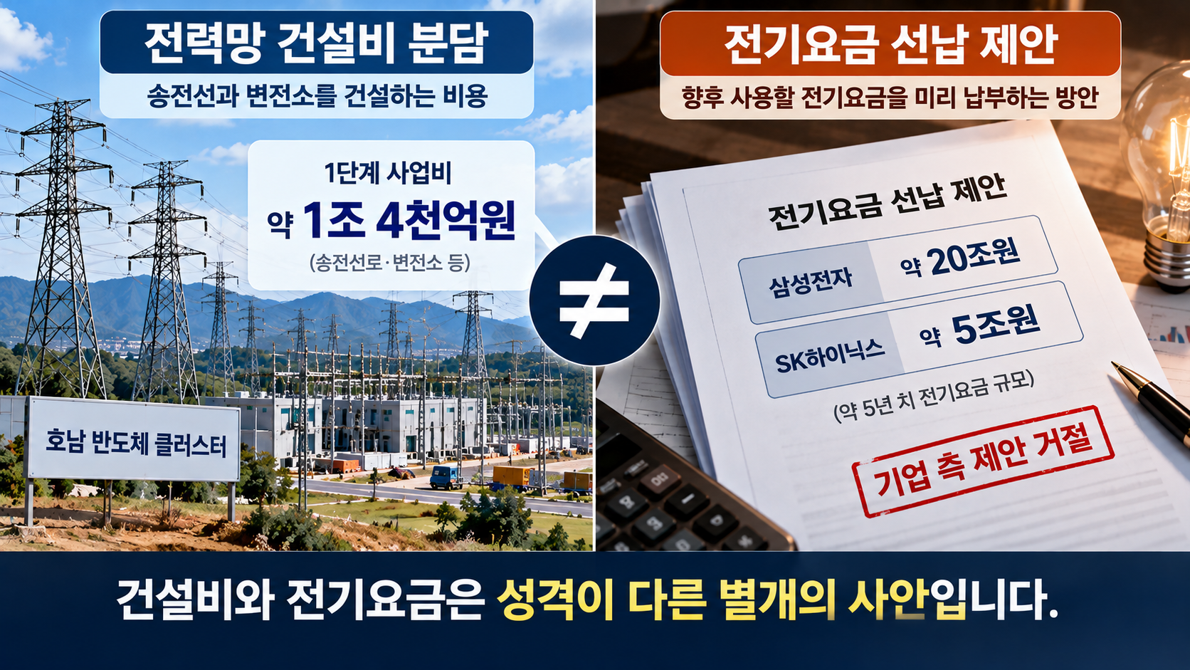 호남 반도체 전력망 건설비 1조4천억원과 삼성전자·SK하이닉스 전기요금 25조원 선납 제안의 차이