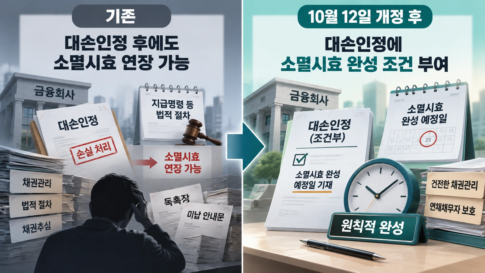 조건부 대손인정제도 시행 전과 후의 소멸시효 관리 원칙을 비교한 인포그래픽