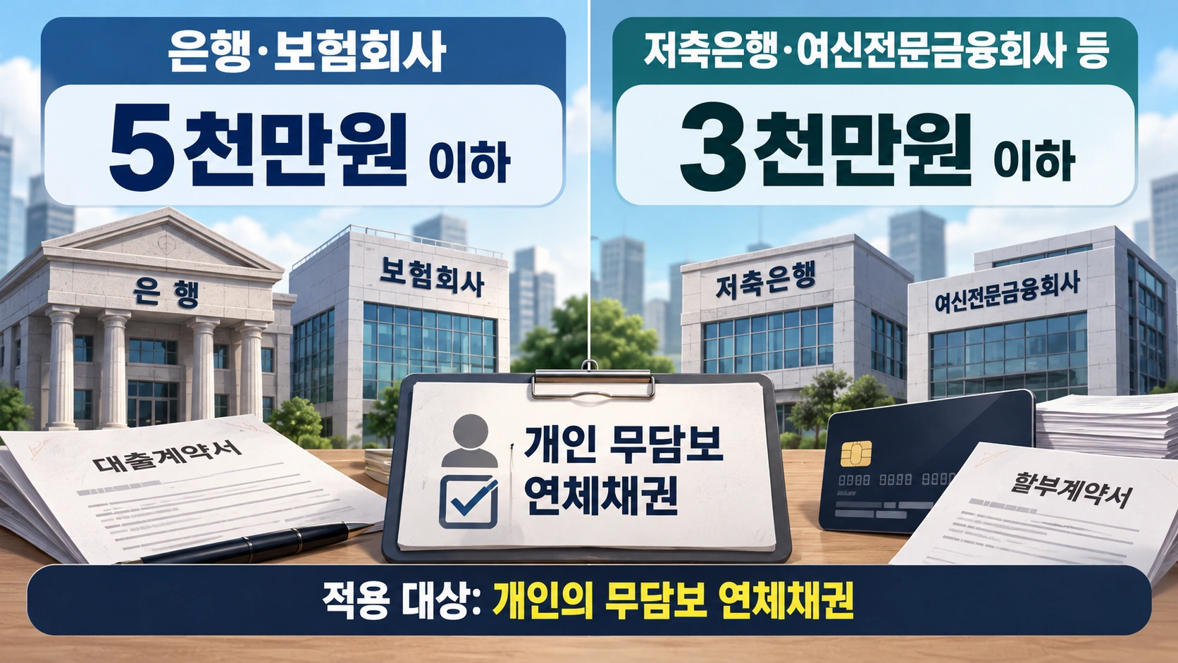 은행 보험의 5천만원 이하와 저축은행 여신전문금융회사 등의 3천만원 이하 연체채권 적용 기준을 비교한 그래픽
