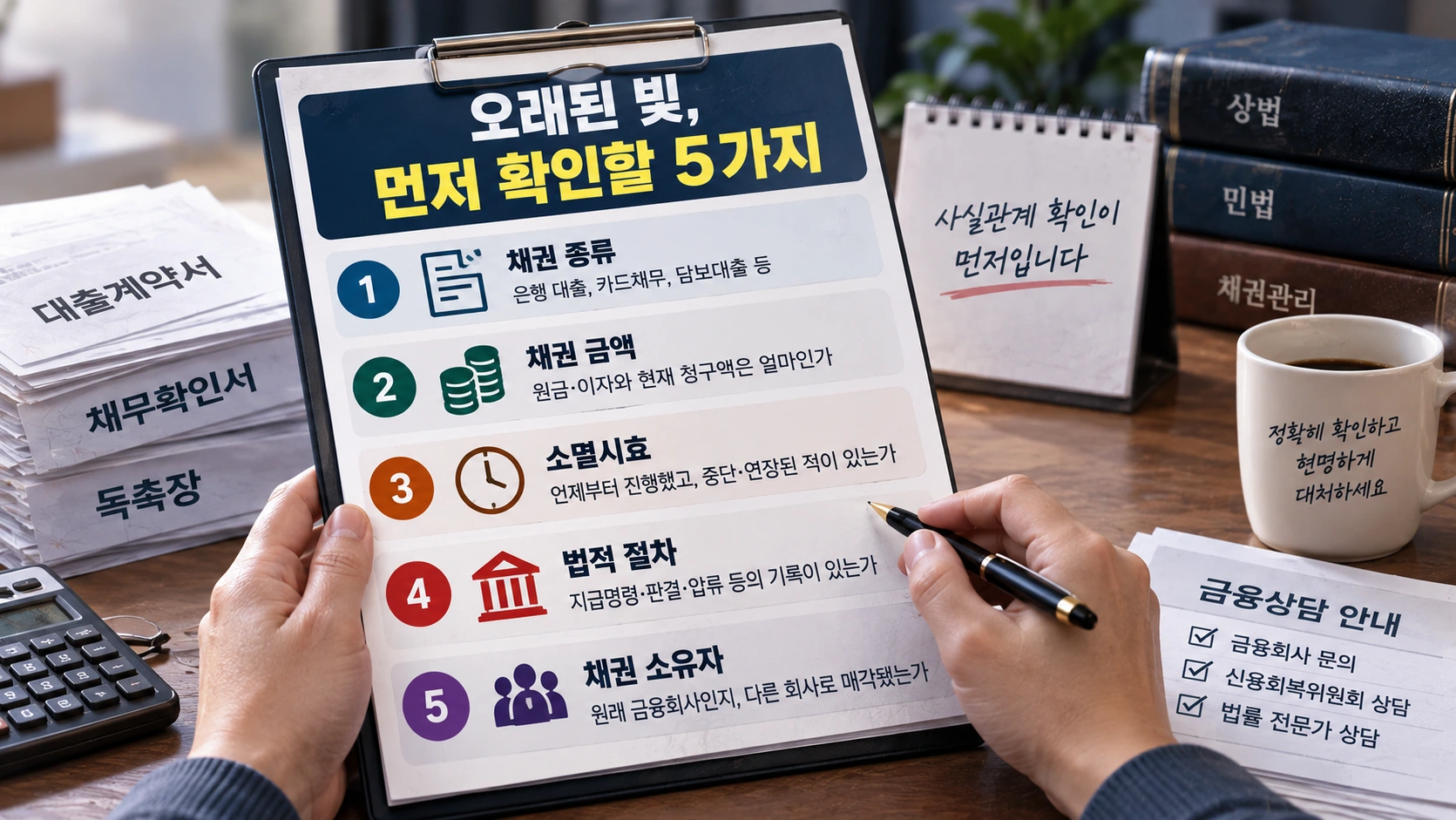 오래된 빚에 대한 독촉을 받을 때 채권 종류와 소멸시효 등 확인해야 할 사항을 정리한 금융서류 점검 일러스트