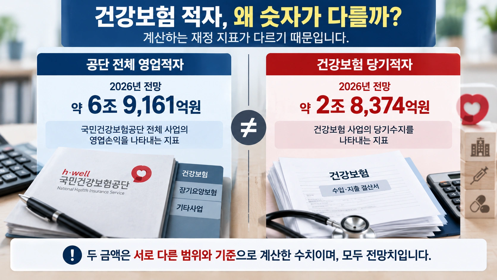 건강보험공단의 2026년 영업적자 전망과 건강보험 당기적자 전망의 차이를 설명한 비교 그림