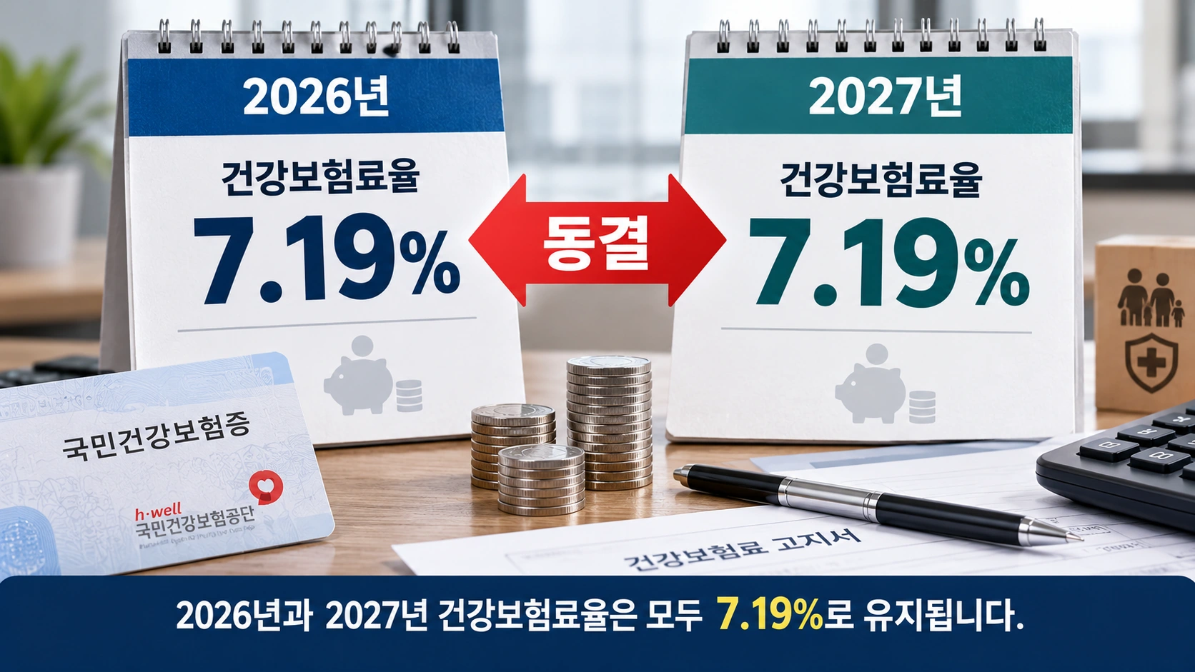 2026년과 2027년 건강보험료율이 모두 7.19%로 동결된 사실을 보여주는 비교 인포그래픽