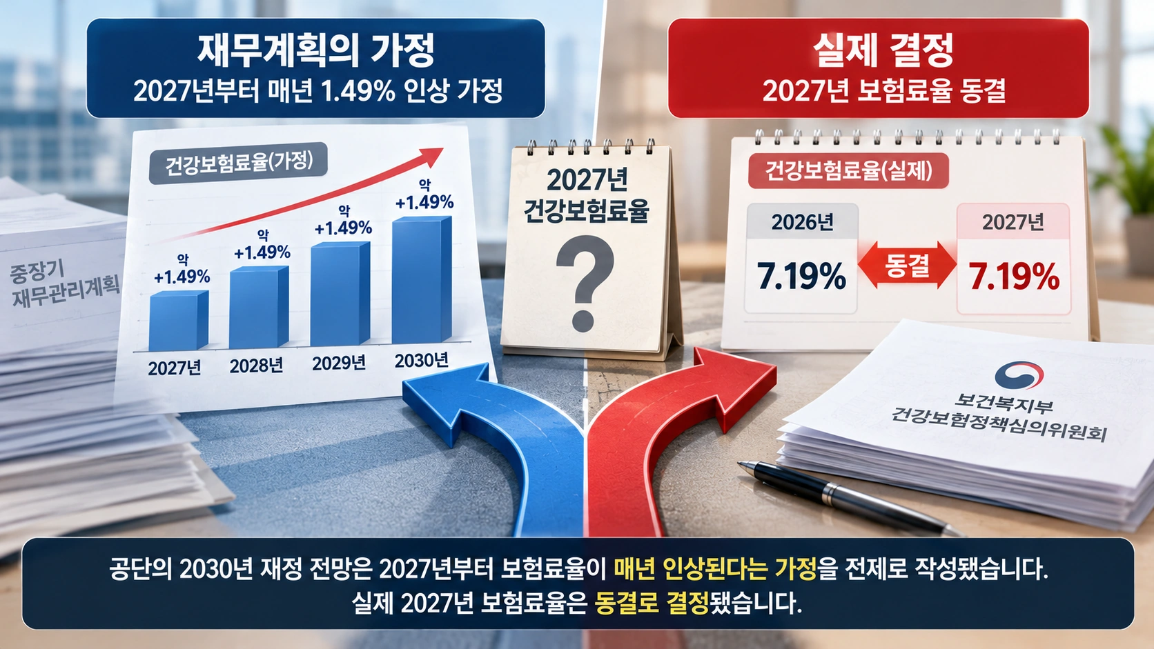 건강보험공단의 2027년 보험료율 인상 가정과 정부의 실제 동결 결정을 대비한 인포그래픽
