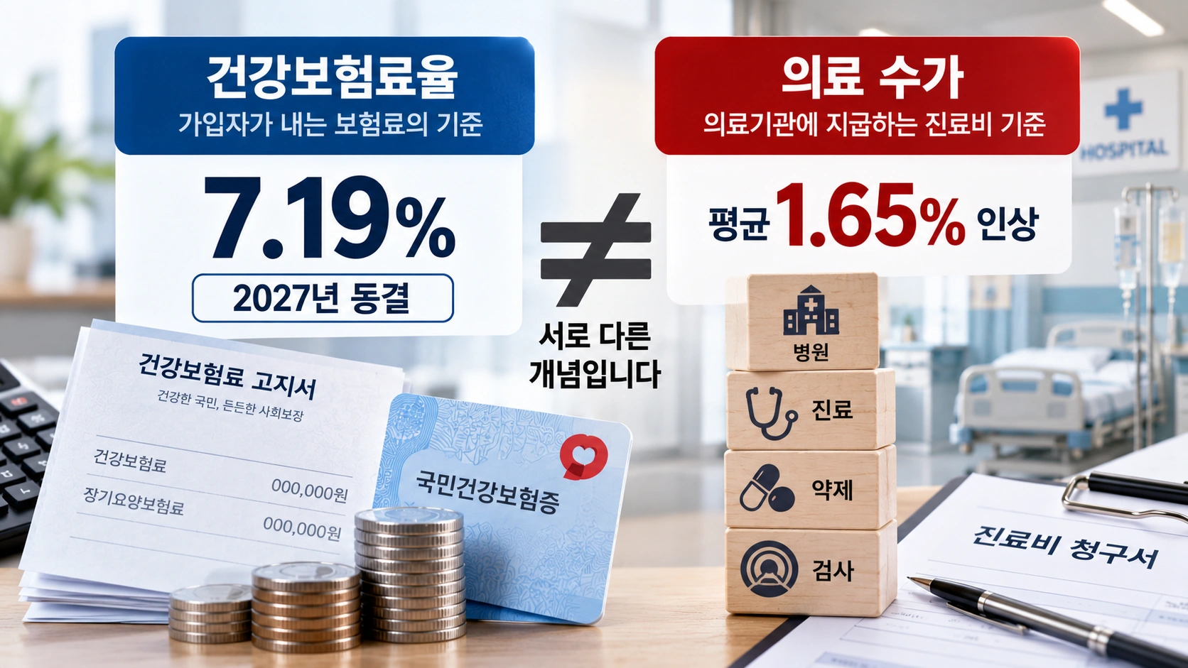 2027년 건강보험료율 동결과 의료 수가 평균 1.65% 인상의 차이를 보여주는 비교 일러스트
