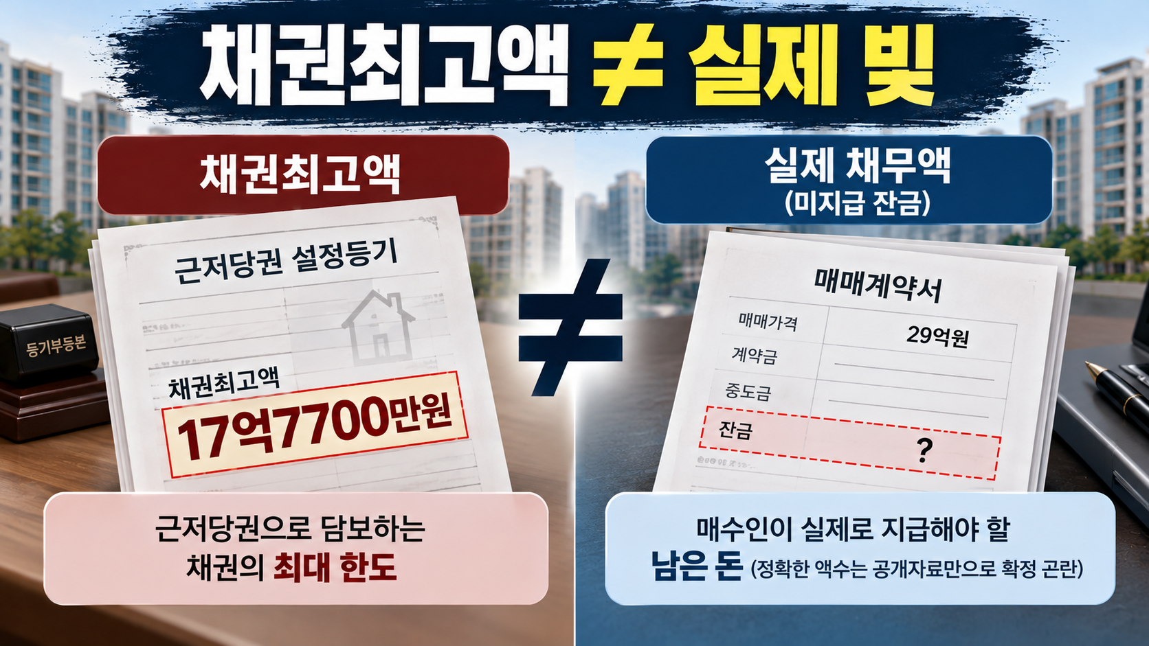 근저당권 채권최고액 17억7700만원과 실제 미지급 잔금 또는 대여원금이 서로 다른 개념임을 설명하는 인포그래픽