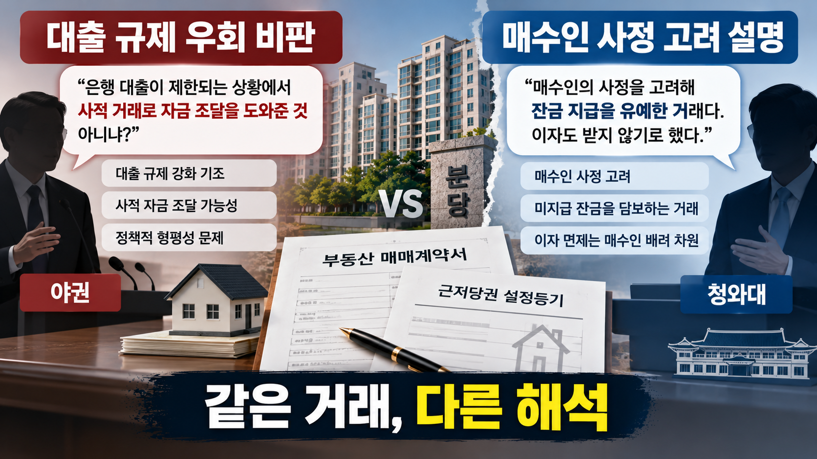 이재명 대통령 분당 아파트 근저당 거래를 둘러싼 야당의 대출 규제 우회 비판과 청와대의 매수인 사정 고려 설명을 비교한 도식